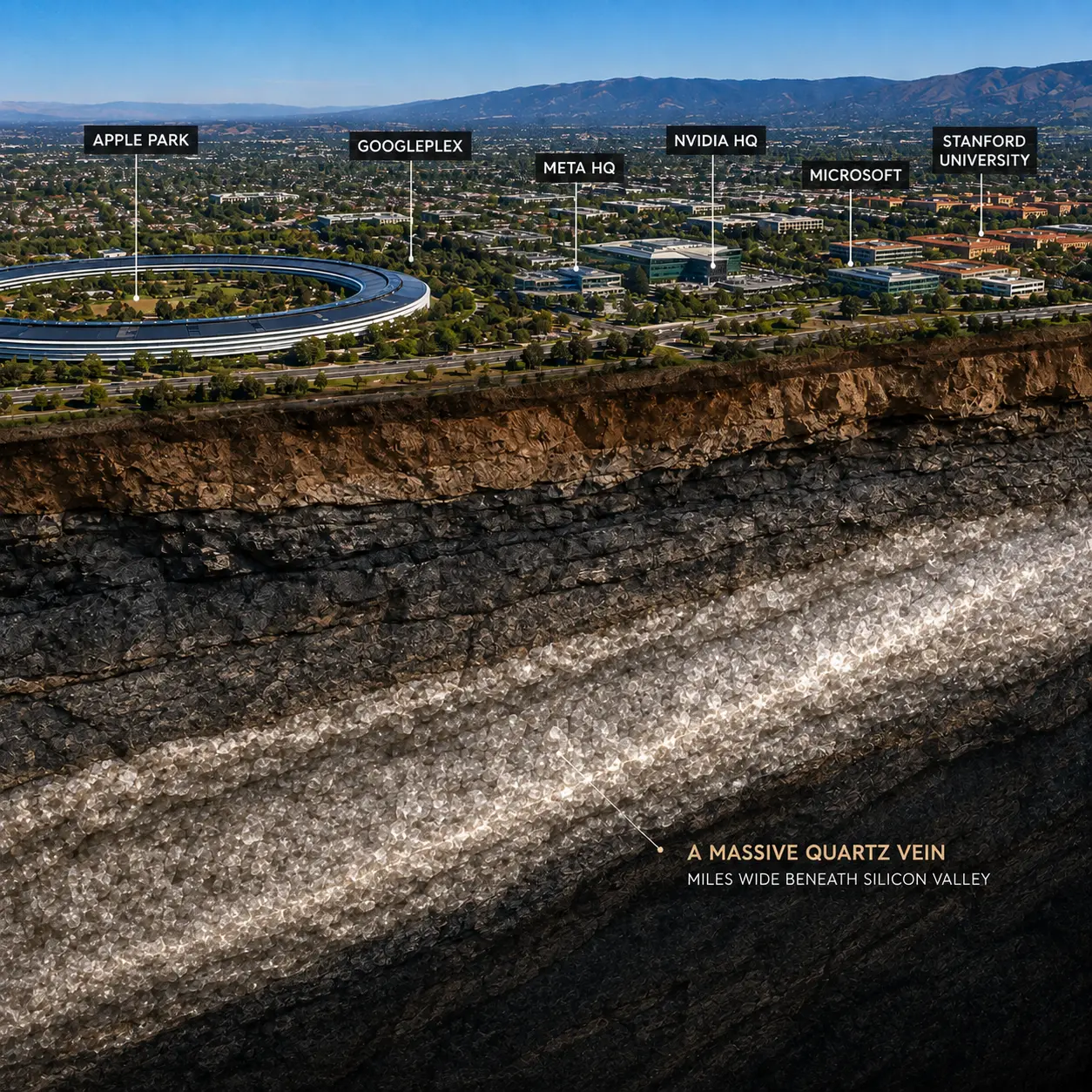 An aerial of Silicon Valley showing a massive quartz vein miles wide beneath Apple Park, the Googleplex, Meta, Nvidia and Stanford